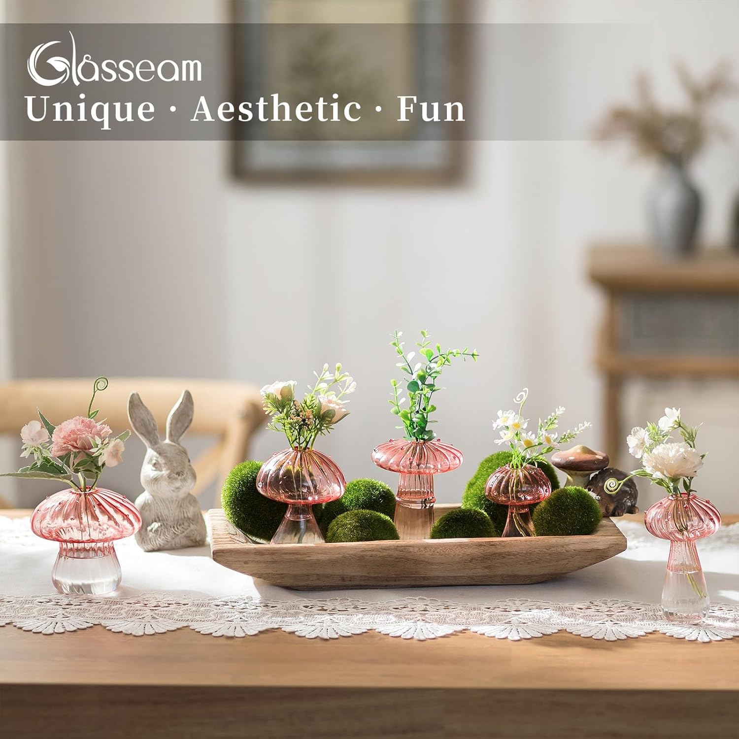 Glasseam Pink Glass Mushroom Vase: Cute Small Flower Vase Set of 10 Unique Mini Bud Vases for Centerpieces Decorative Vases for Flowers Funky Plant Vase Decor