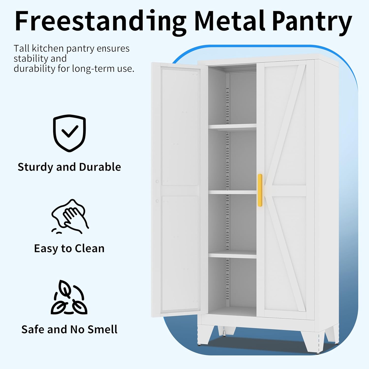 61" Tall Pantry Cabinet, White Metal Pantry Storage Cabinet, Kitchen Pantry Storage Cabinets with 2 Door and 3 Adjustable Shelves (White, 61" Modern)
