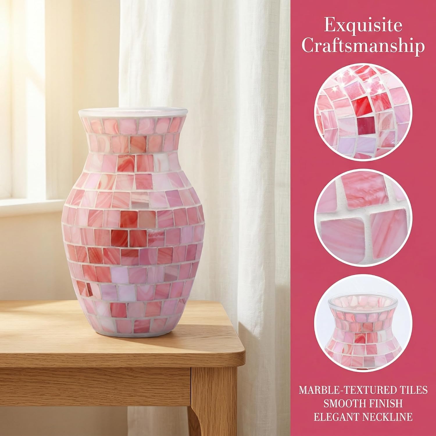 8" Pink Agate Mosaic Vase, Handmade Textured Glass Flower Vase, Romantic Rose Glass Centerpiece for Bedroom, Bathroom, Coastal Home Decor & Valentine's Day Gift