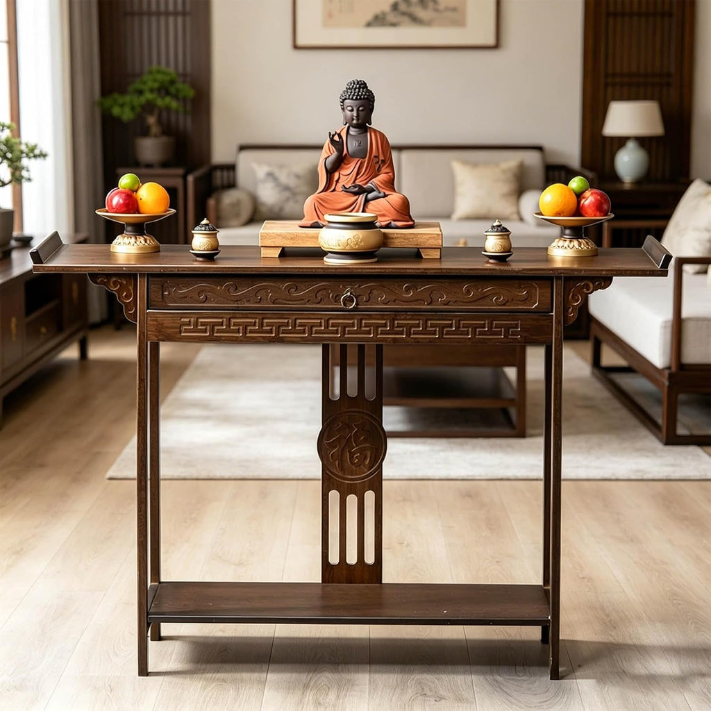 Altar Table Personal Meditation Shrine,with Storage Pooja Cabinet Altar Supplies,Retro Chinese Style Pooja Mandir,for Pooja and Incense Tribute Walnut 31.5 x 15.7 x 31.5in