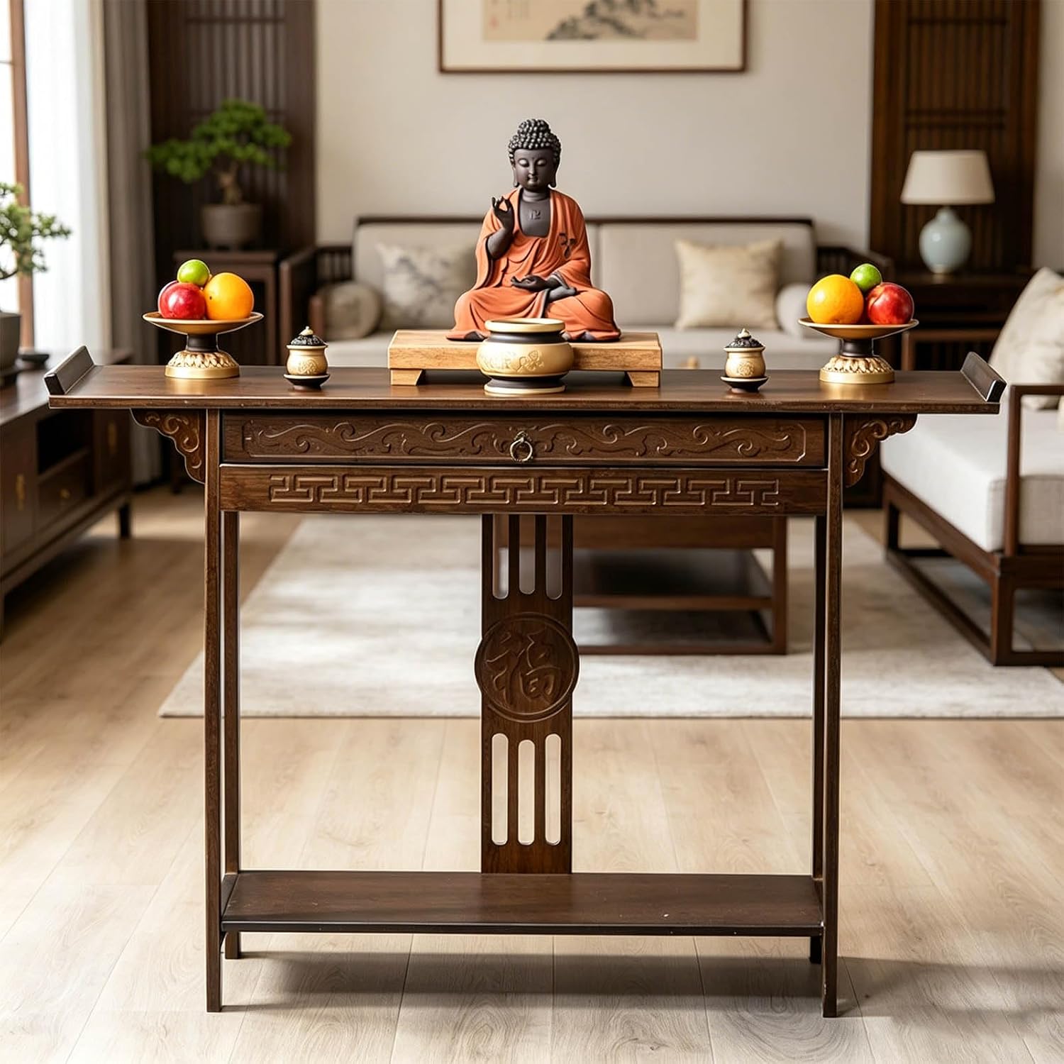 Altar Table Personal Meditation Shrine,with Storage Pooja Cabinet Altar Supplies,Retro Chinese Style Pooja Mandir,for Pooja and Incense Tribute Walnut 31.5 x 15.7 x 31.5in