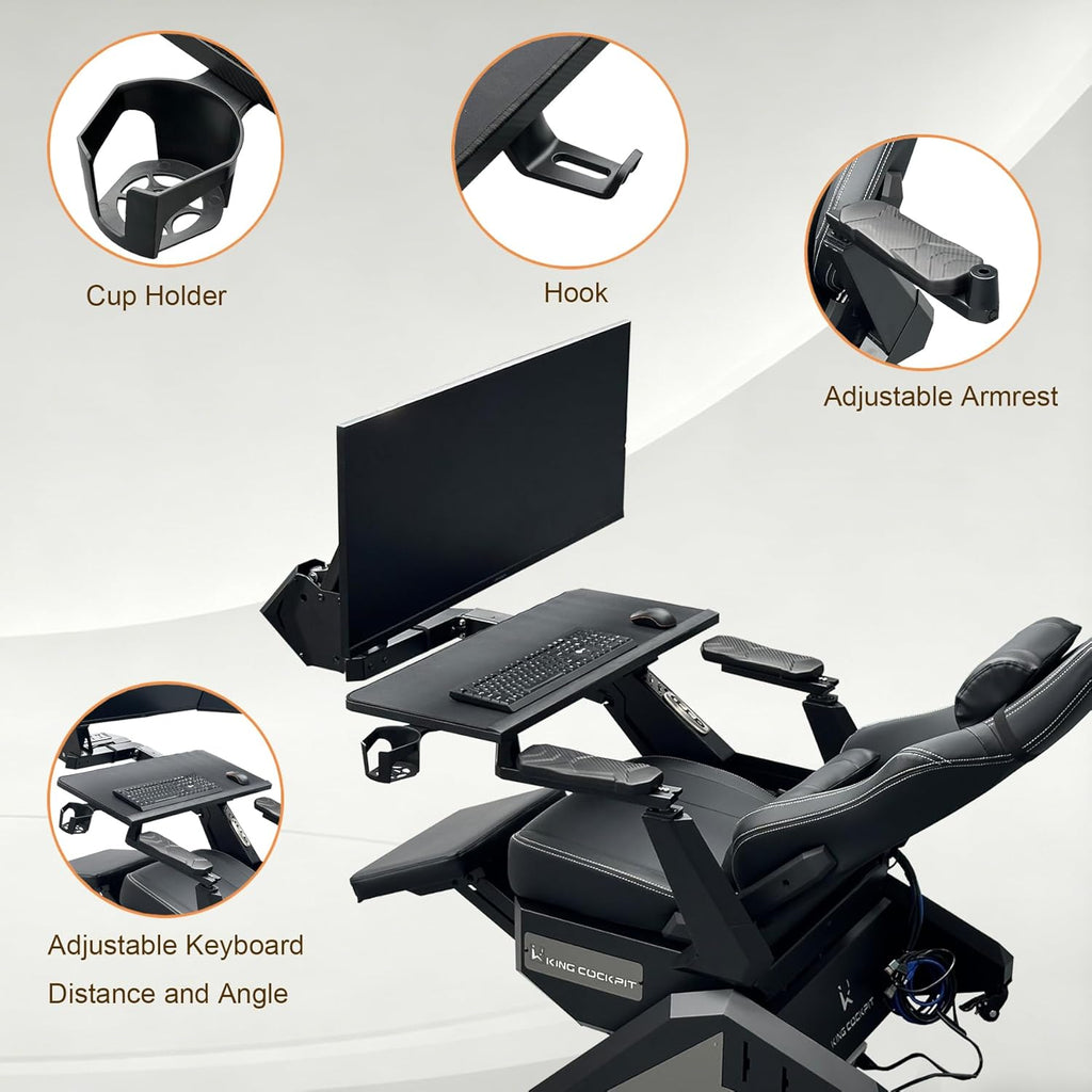 KING COCKPIT Zero-Gravity Reclining Chair for PC Gaming, Sim Racing &Home Office, Workstation with Electrically Adjustable Monitor Distance,Adjustable Keyboard Tray&Cup Holder-Black