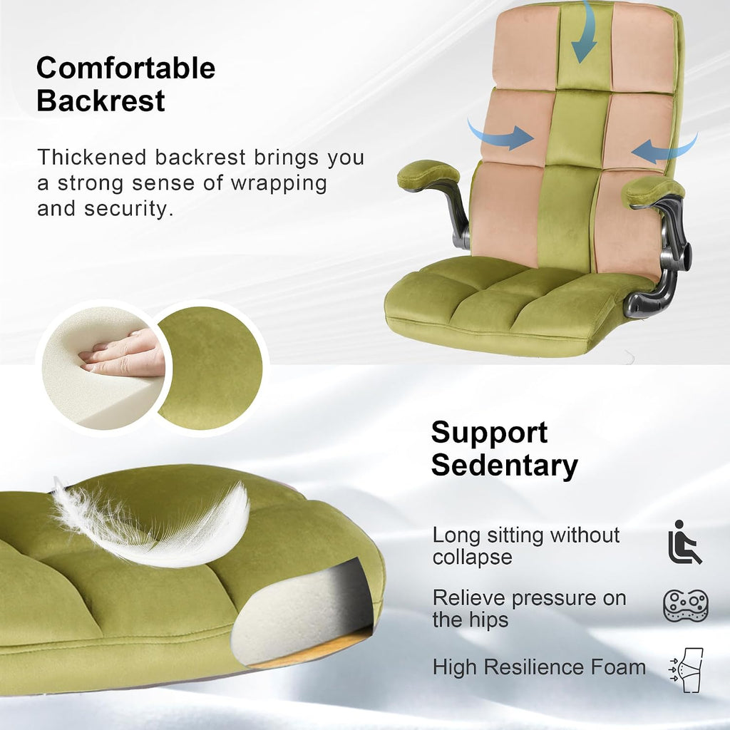 Comfy Green Office Chair with Flip up Arms for Women, Height Adjustable Fabric Swivel Rocking Chair, Velvet Office Desk Chairs Makeup Vanity Chair with Back and Wheels