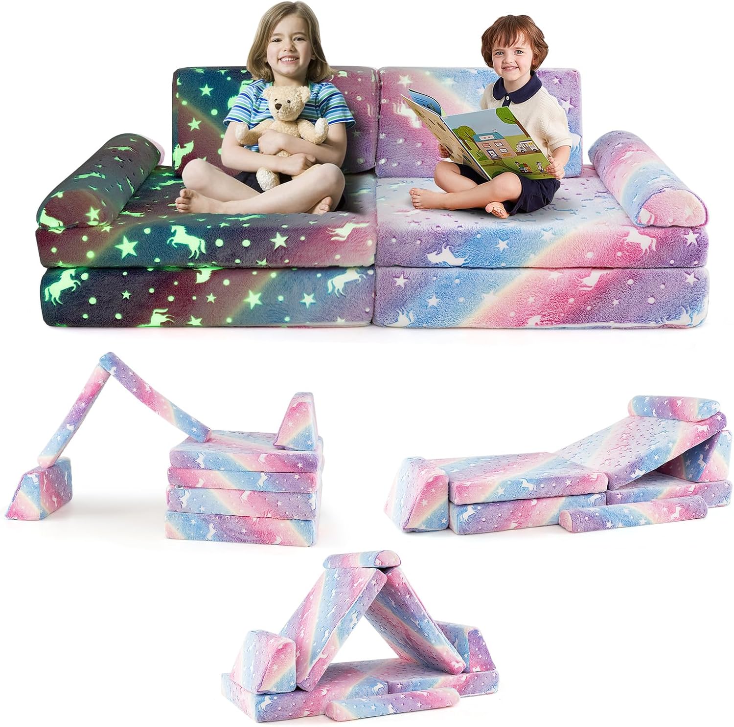 Costzon 8 Pcs Modular Kids Play Couch, Glow in the Dark Toddler Sectional Sofa with Handles, Convertible Sofa Foam Couch for Building Fort, Playroom & Kids Room Furniture (8-pcs,Multicolor)