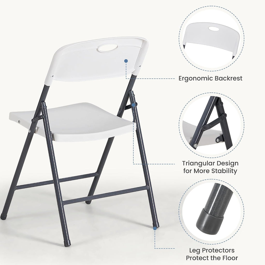 DUMOS 2 Pack White Folding Chairs, Plastic Portable Stackable Dining Chairs with Metal Frame, for Indoor Outdoor, for Home and Office, Conference, Party, Event, Wedding, Birthday, White
