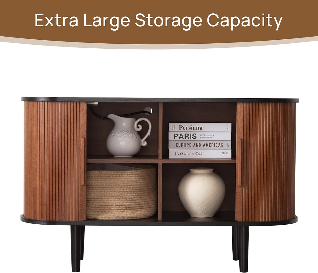 47" Modern Buffet Cabinet with Charging Station, Mid-Century Fluted Sideboard Table, Rounded Console with Storage & USB/Type-C Ports for Dining Room Kitchen Coffee Bar, Walnut