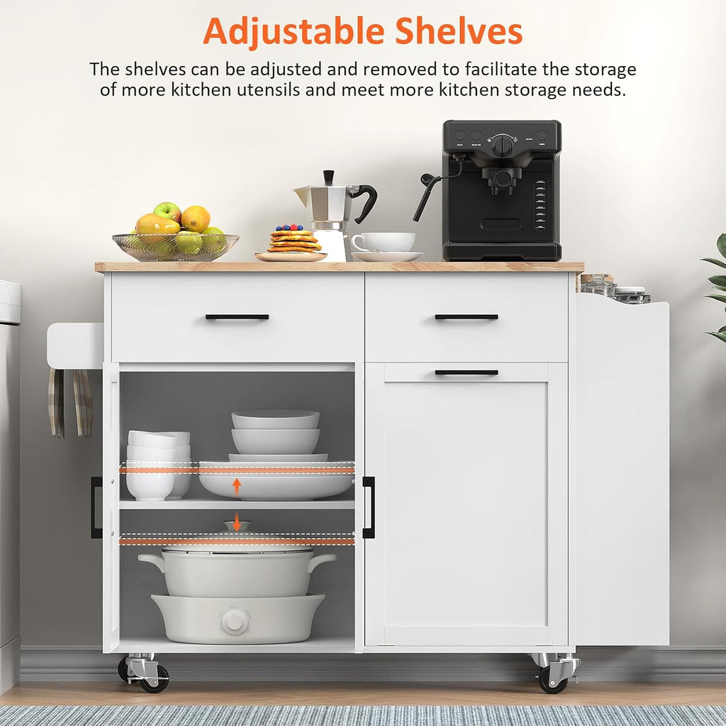 Bigbiglife Kitchen Island with Storage, 39.8" Rolling Kitchen Island Cart with Drop Leaf & Storage - Mobile Kitchen Organizer with Wheels, Rubberwood Top, Trash Can Cabinet & Towel Rack, White