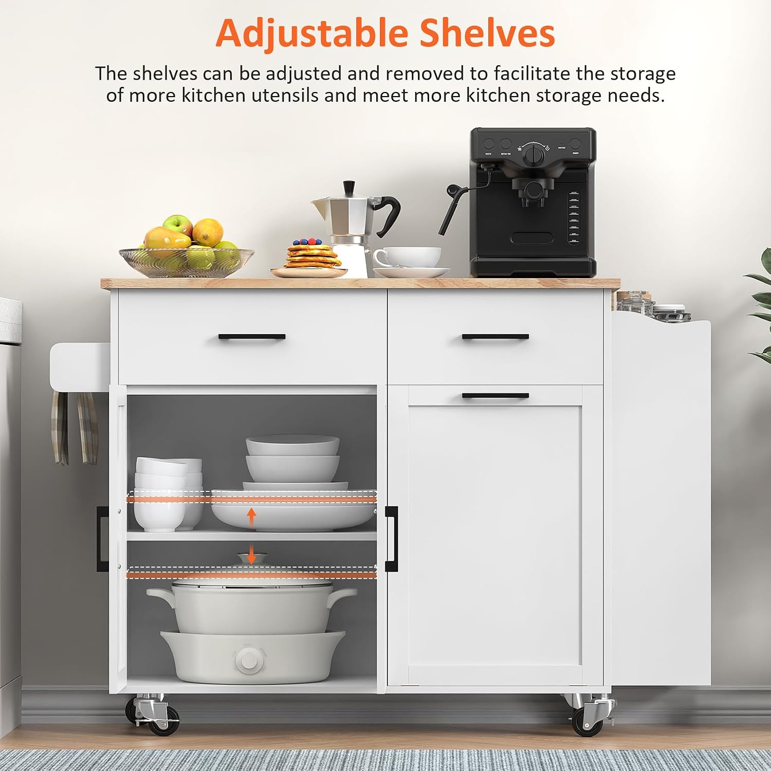 Bigbiglife Kitchen Island with Storage, 39.8" Rolling Kitchen Island Cart with Drop Leaf & Storage - Mobile Kitchen Organizer with Wheels, Rubberwood Top, Trash Can Cabinet & Towel Rack, White