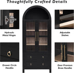 HRVEOCEI Black Arched Cabinet with Glass Doors, Tall Arch Kitchen Pantry with 2 Large Drawers & Adjustable Shelves/Golden Handles, Wood Hutch Cabinet for Kitchen, Dining Room, Living Room