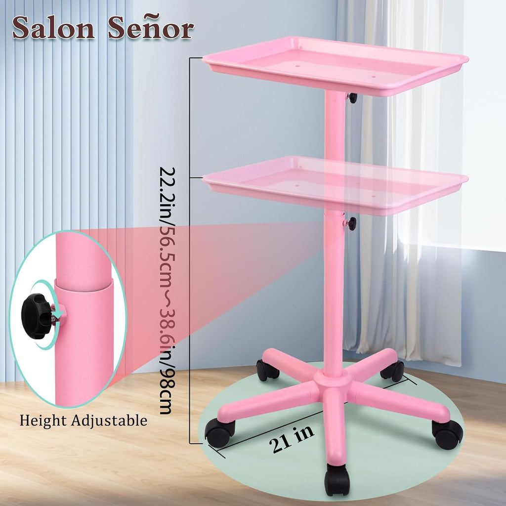 Salon Señor Pink Salon Tray with Wheels, Height Adjustable Hair Color Service Tray for Spa, Tattoo, or Home Use