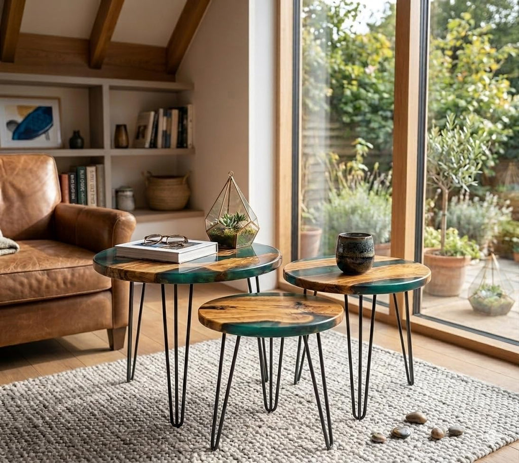 Handcrafted Olive Wood and Walnut Nesting Tables with Resin Inlay, Round Tops, Hairpin Legs, Set of 3 (Green, Olive)