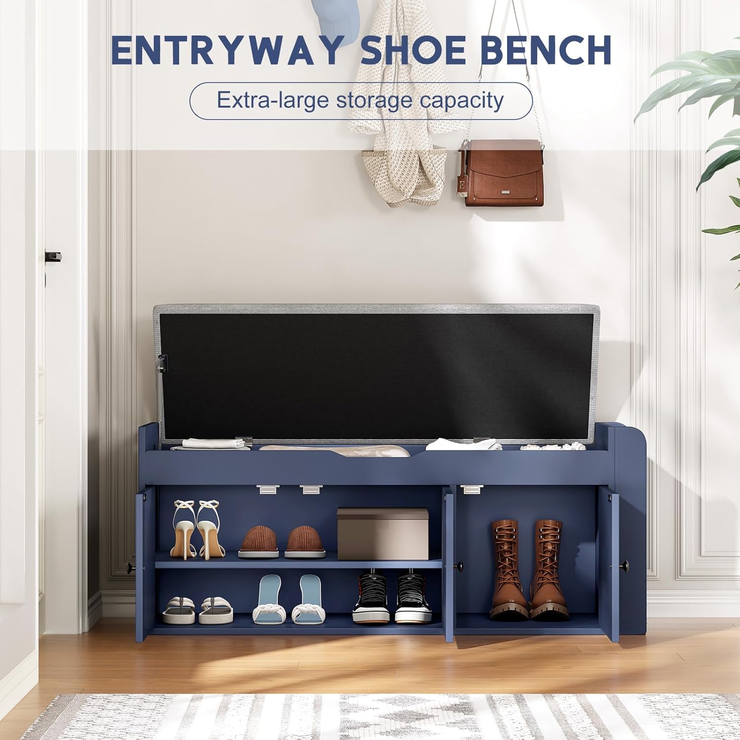 42.6" Entryway Shoe Storage Bench with Padded Seat, 3 Doors and Side Shelves, Lift Top Storage Bench for Shoes, Hallway, Bedroom, Living Room, Navy Blue