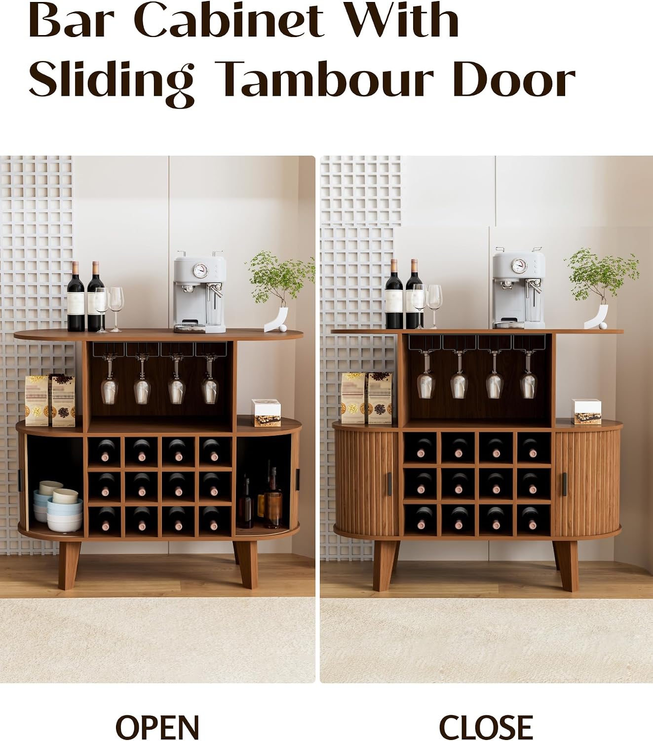 35.4" Oval Wine Bar Cabinet with 12 Racks 4 Glass Holders, Small Coffee Bar Cabinet with Sliding Tambour Door for Home, Kitchen, Living Room, Walnut