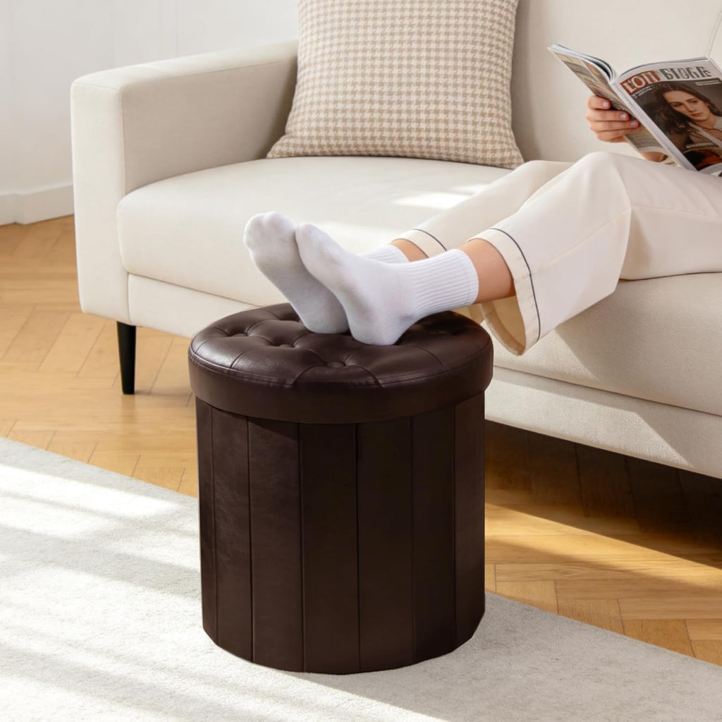 CAROLMADE Round Storage Ottoman,PU Leather Folding Footrest Stool with Thicker Foam Padded Seat,Versatile Vanity Stool for Living Room,Bedroom or Dorm,Brown
