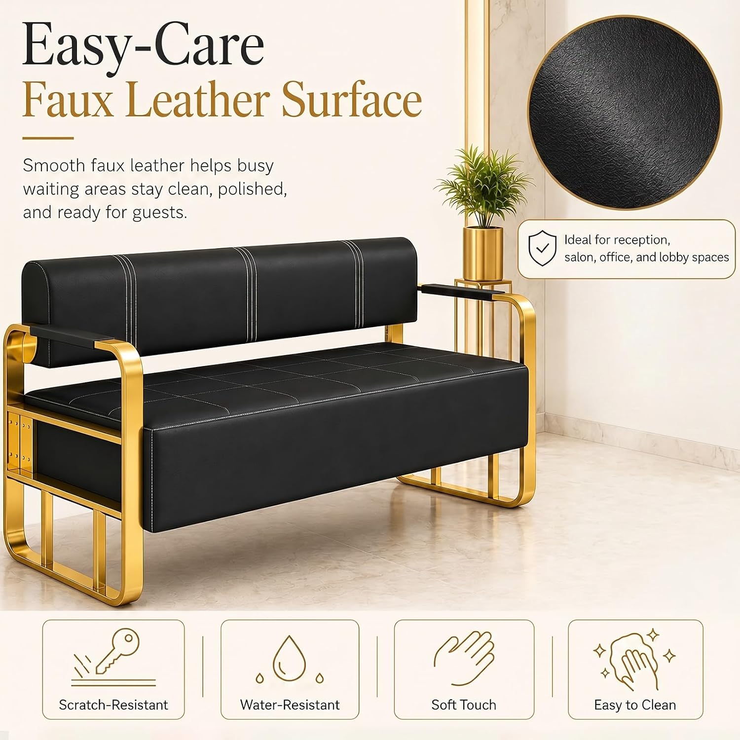 Waiting Room Bench with Backrest and Metal Armrests, Faux Leather Upholstered Reception Bench, Padded Seat for Salon, Office, Lobby, Barber Shop, Apartment(Black-Silver Frame,59.1*21.6*28.7in)