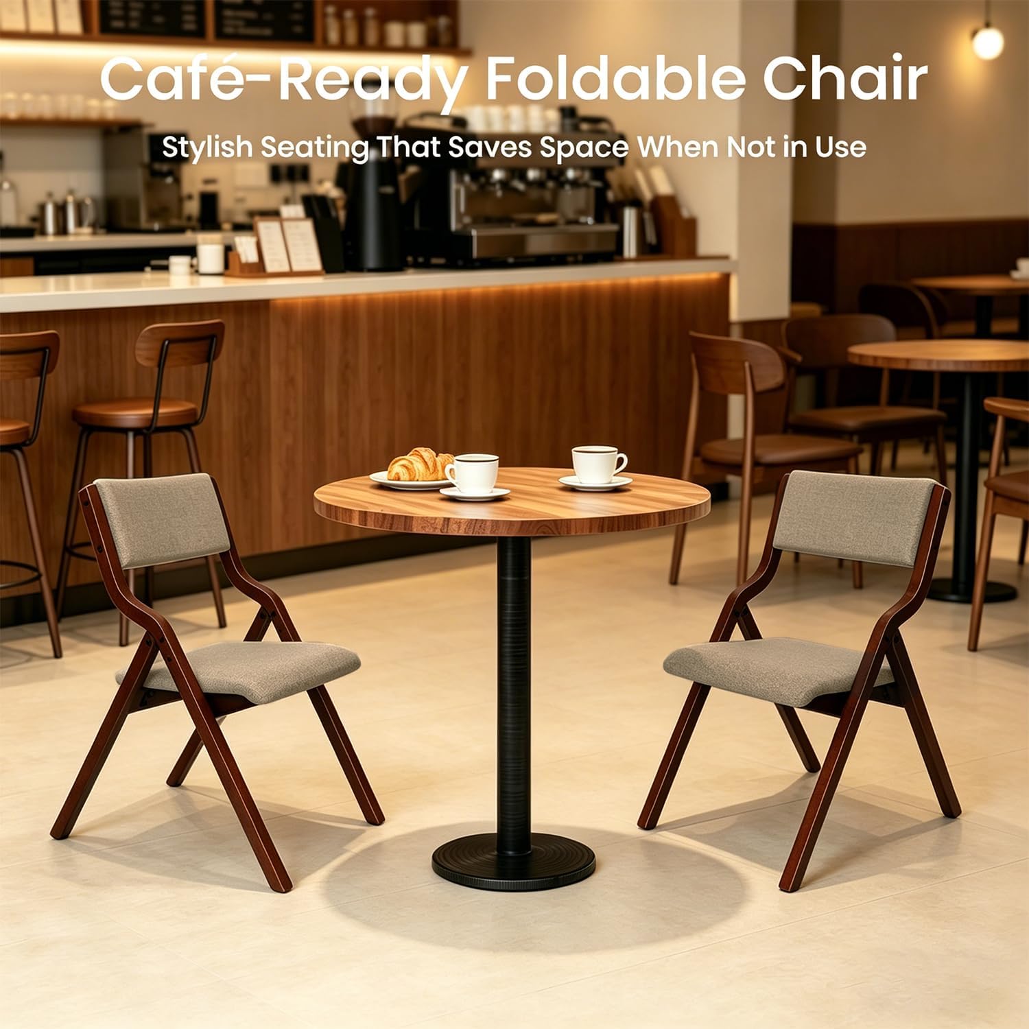 CangLong Foldable Chair Set of 2, Walnut+Light Coffee | Padded Fabric Chairs with Solid Wood Frame, Stackable and Assembled, for Guests Kitchen Office Wedding Party