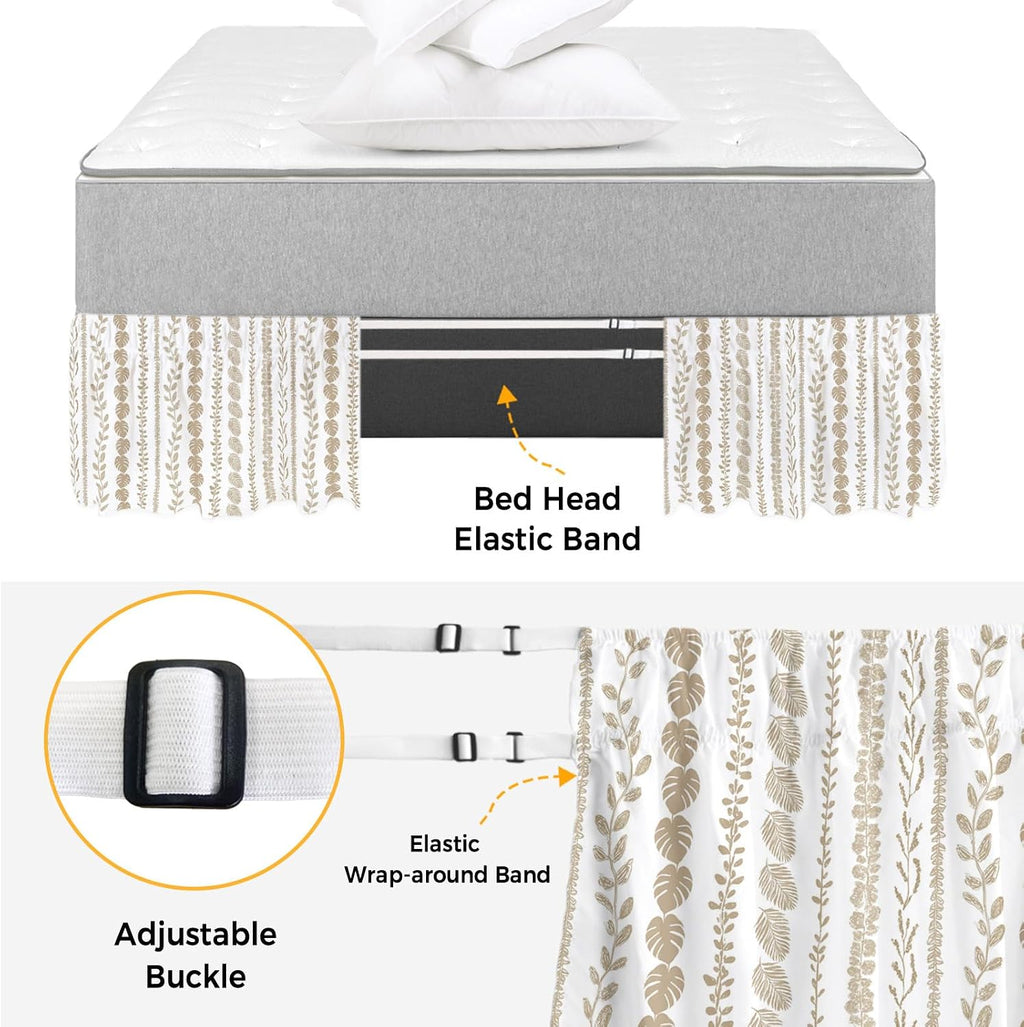 Brown Botanical Bed Skirt King Size 18 Inch Drop, Adjustable & Elastic Wrap Around Bed Skirts Pleated Luxury Dust Ruffles for Twin Full Queen Cal King Base Bed, Summer Botanical Leaf Vertical Stripes
