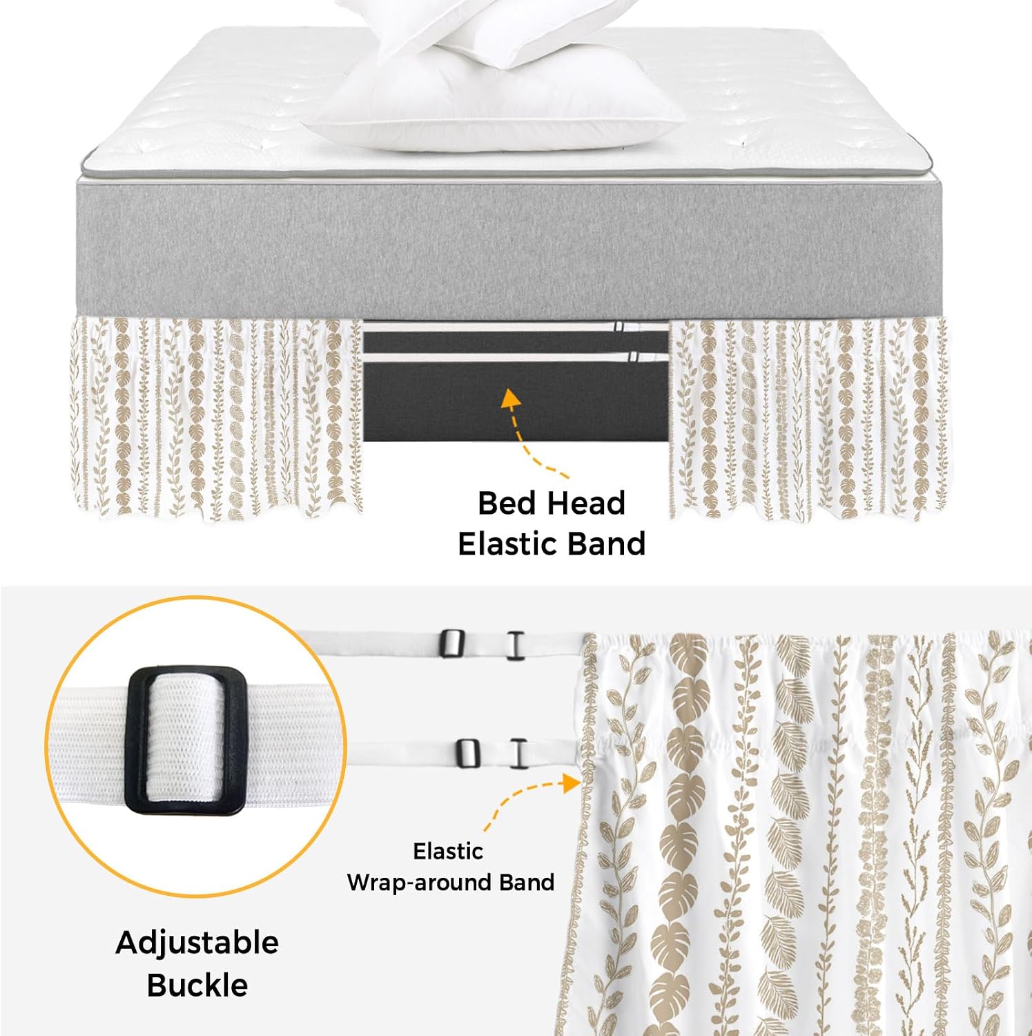 Brown Botanical Bed Skirt King Size 18 Inch Drop, Adjustable & Elastic Wrap Around Bed Skirts Pleated Luxury Dust Ruffles for Twin Full Queen Cal King Base Bed, Summer Botanical Leaf Vertical Stripes