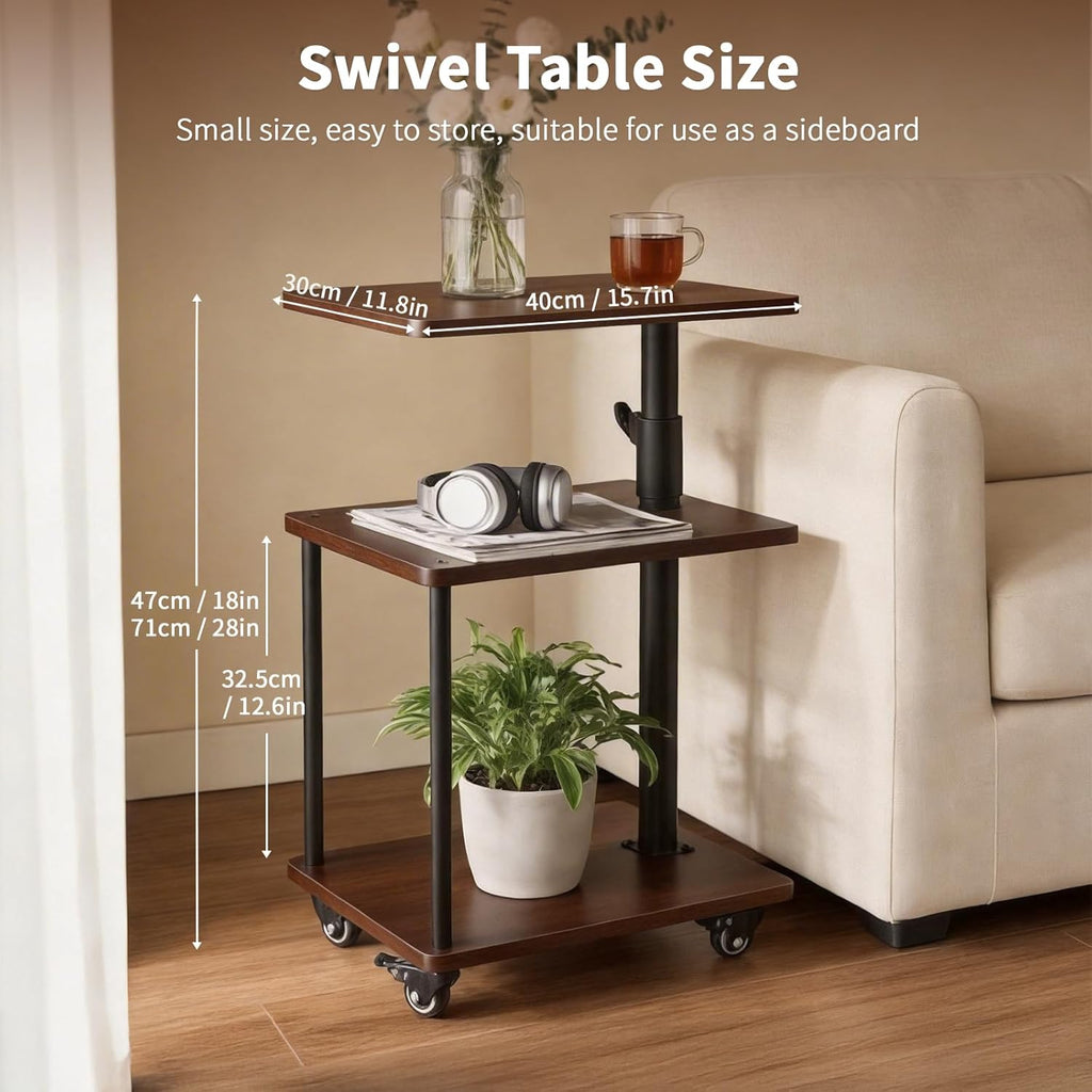 Modern Farmhouse Rolling Side Table with Wheel for Living Room, Adjustable Height Swivel End Table for Different Seating Types, Ideal for Couch, Sofa, Recliner and Living Room, Walnut-Look