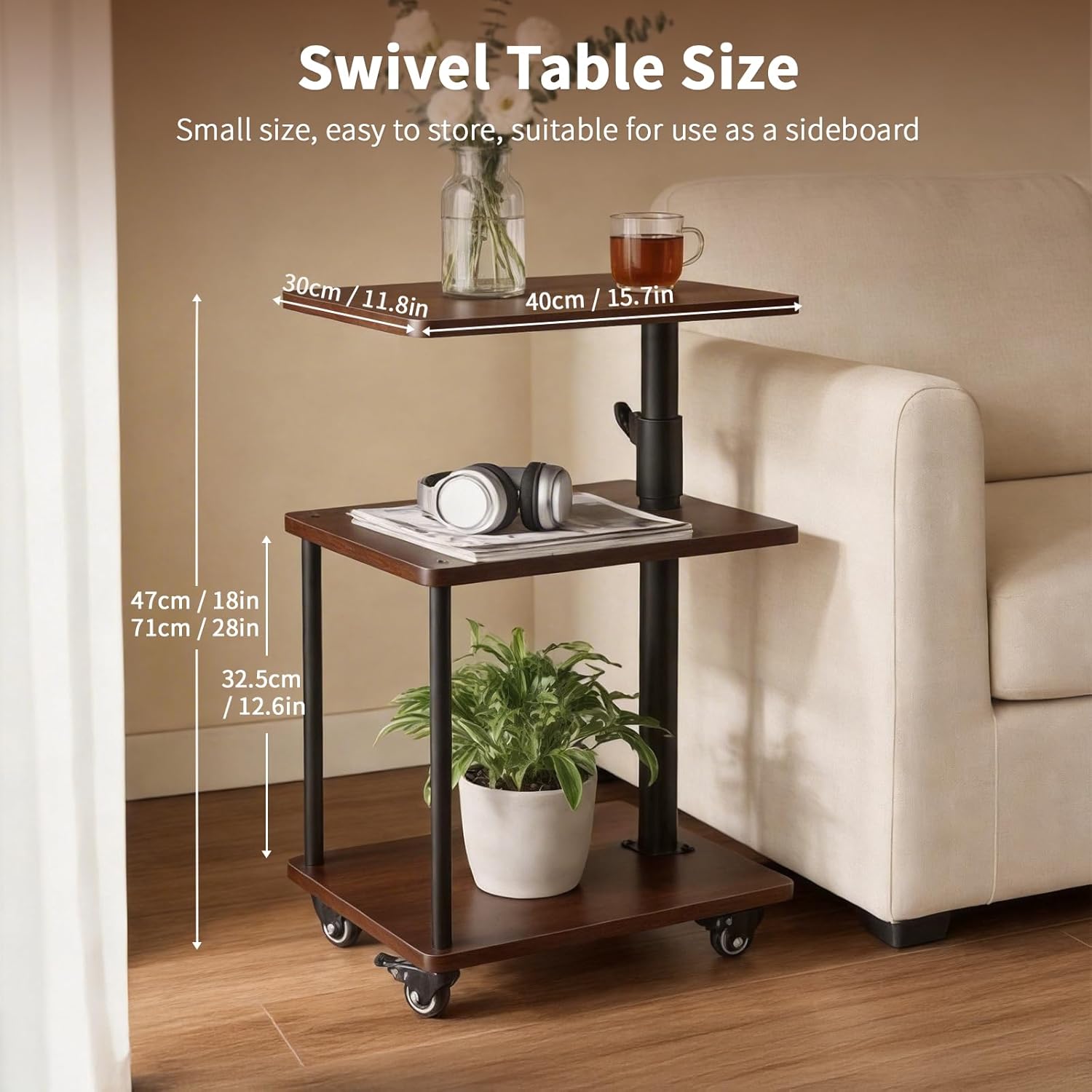Modern Farmhouse Rolling Side Table with Wheel for Living Room, Adjustable Height Swivel End Table for Different Seating Types, Ideal for Couch, Sofa, Recliner and Living Room, Walnut-Look