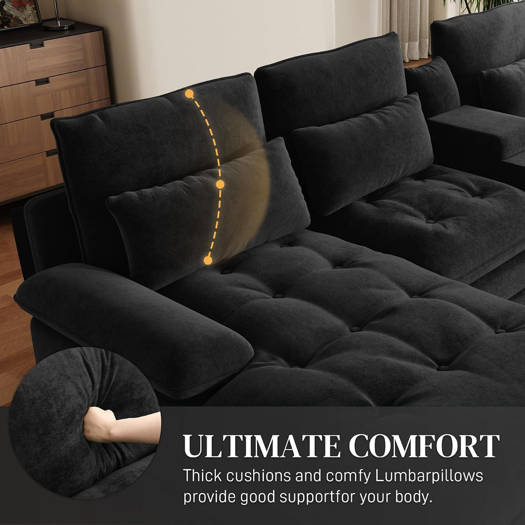 134"U Shaped Sectional Couches for Living Room,Oversized Modular Sectional Fluffy Couch with Chaise Lounge & Tufted Buttons,Modern Chenille 6 Seat Living Room Sofa Set with Storage Console,Black