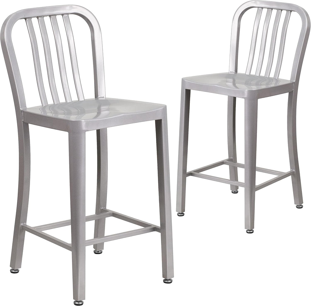 Flash Furniture Gael Commercial Grade 2 Pack 24" High Silver Metal Indoor-Outdoor Counter Height Stool with Vertical Slat Back