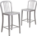 Flash Furniture Gael Commercial Grade 2 Pack 24" High Silver Metal Indoor-Outdoor Counter Height Stool with Vertical Slat Back