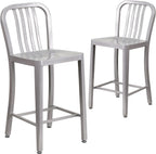 Flash Furniture Gael Commercial Grade 2 Pack 24" High Silver Metal Indoor-Outdoor Counter Height Stool with Vertical Slat Back