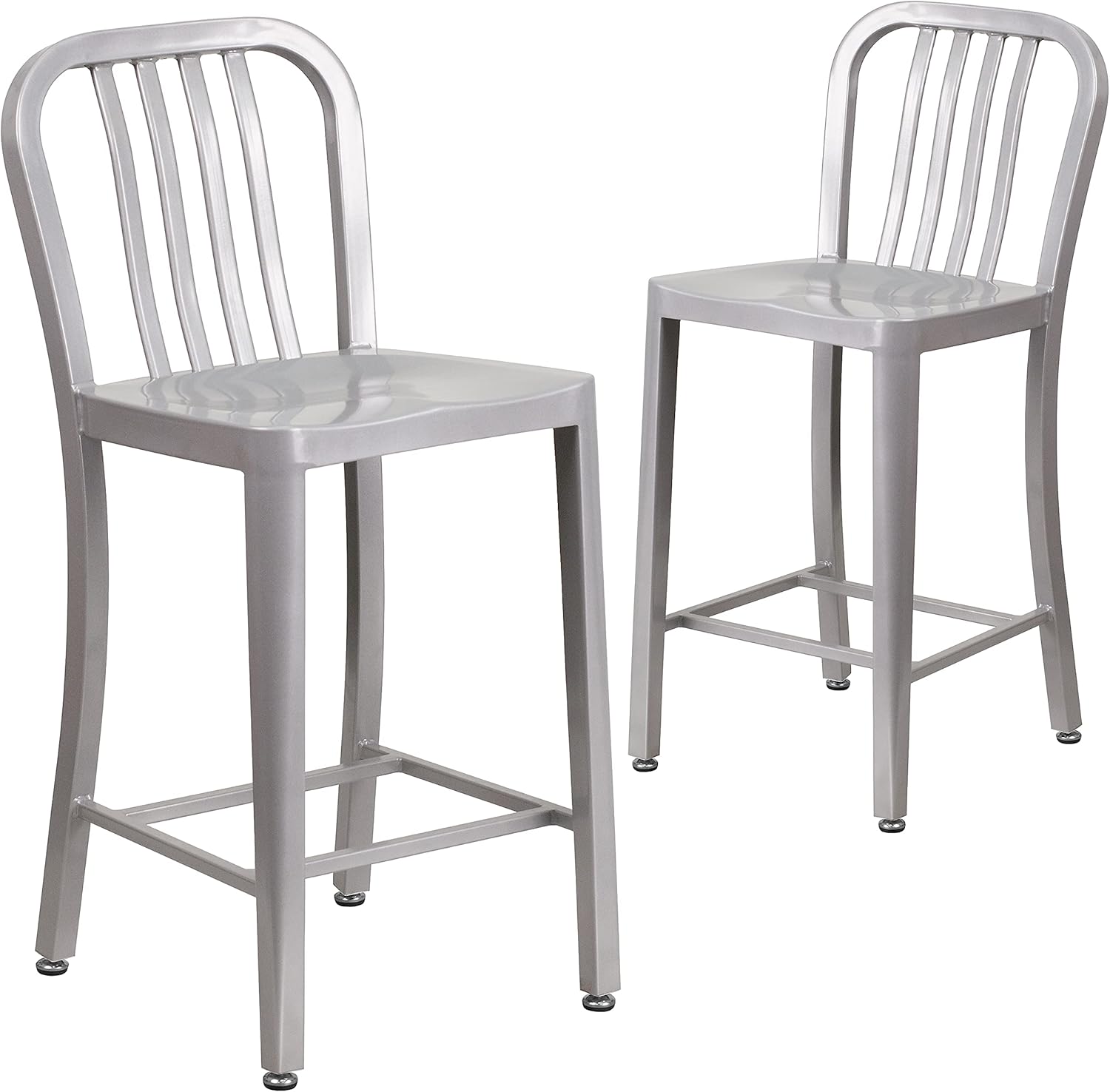 Flash Furniture Gael Commercial Grade 2 Pack 24" High Silver Metal Indoor-Outdoor Counter Height Stool with Vertical Slat Back