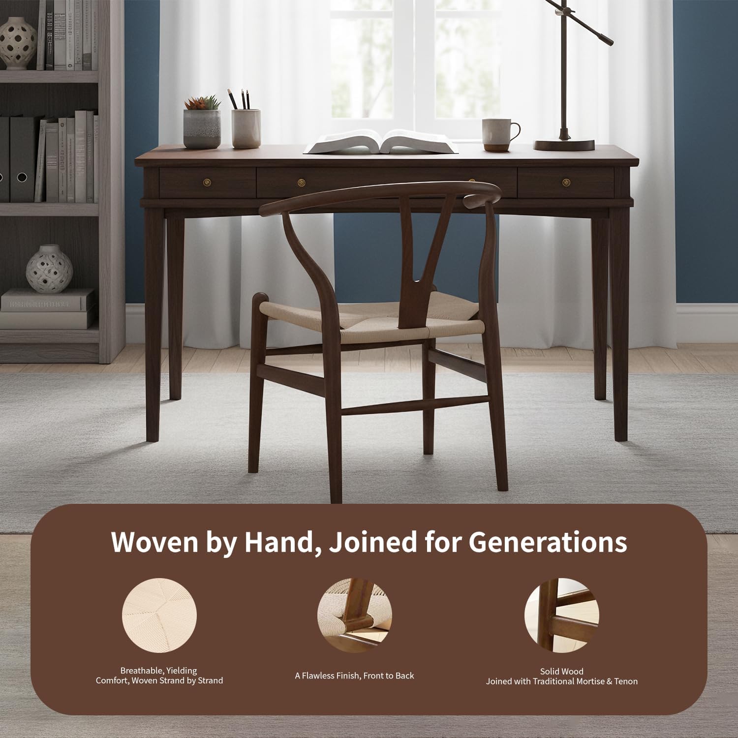 Polynices Wishbone Chair, Weave Solid Wood Mid-Century Modern Y Shaped Backrest Dining Chair (Walnut)