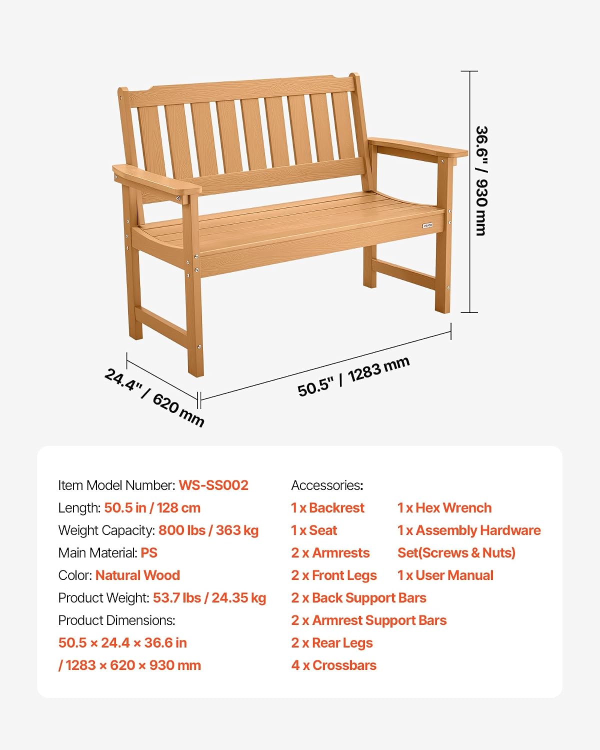 VEVOR Outdoor Bench, 50.5 inch, 800 lbs Weight Capacity for 2-3 Persons, Weatherproof Plastic Frame with Backrest and Wide Armrests, Outside Bench for Patio, Garden, Park, Yard, Natural Wood Color