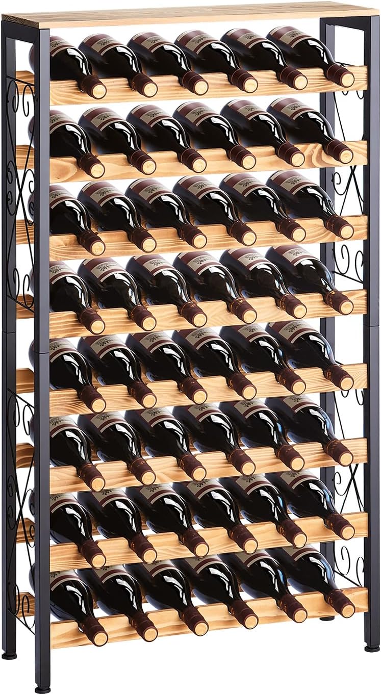 VEVOR 48 Bottle Wine Rack,8-Tier Iron Wine Bottle Holder with Wood Table Top,Freestanding Floor Display Wine Storage Shelves,for Kitchen Pantry, Cellar, Bar, Dining Room,26''L X 9.3''W X 46.9''H