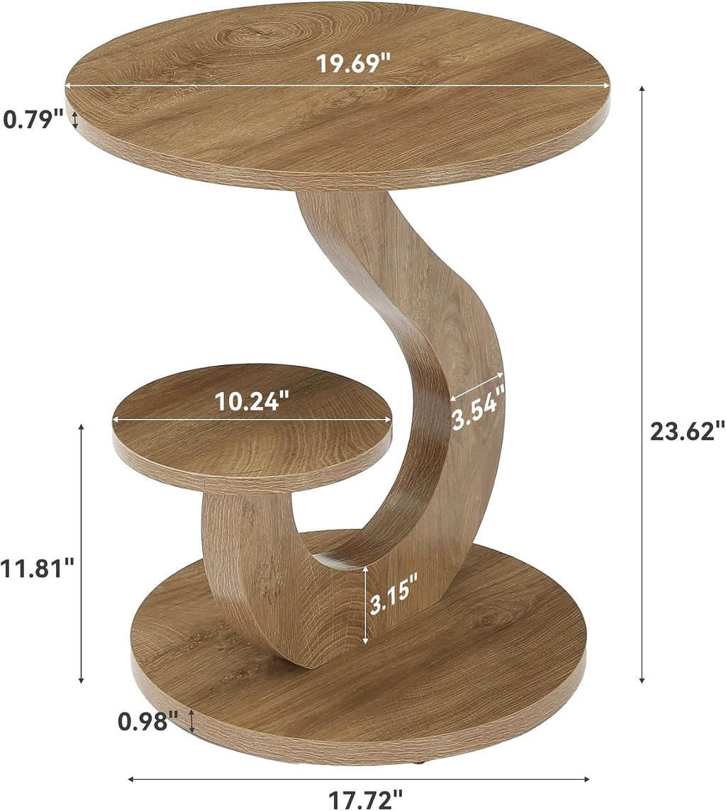LITTLE TREE 2-Tier Round End Table, Small Side Table for Couch, Living Room, Bedroom, S-Shaped Accent Tables for Small Spaces, Walnut Finish