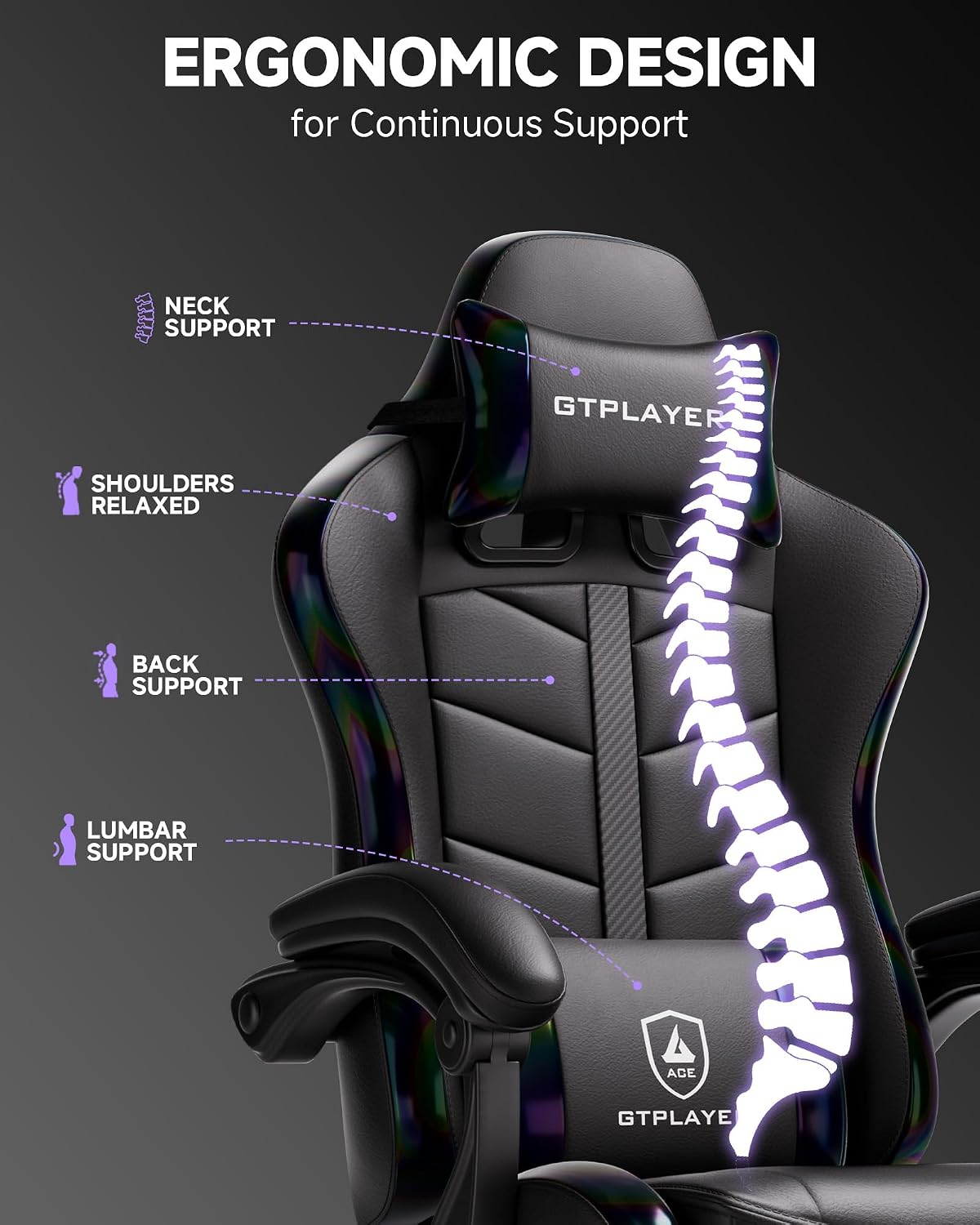 GTPLAYER Gaming Chair, Ergonomic Computer Office Chairs for Adults with Footrest, Height Adjustable, Linkage Armrests, 90-155° Recline & Headrest Lumbar Support, Black