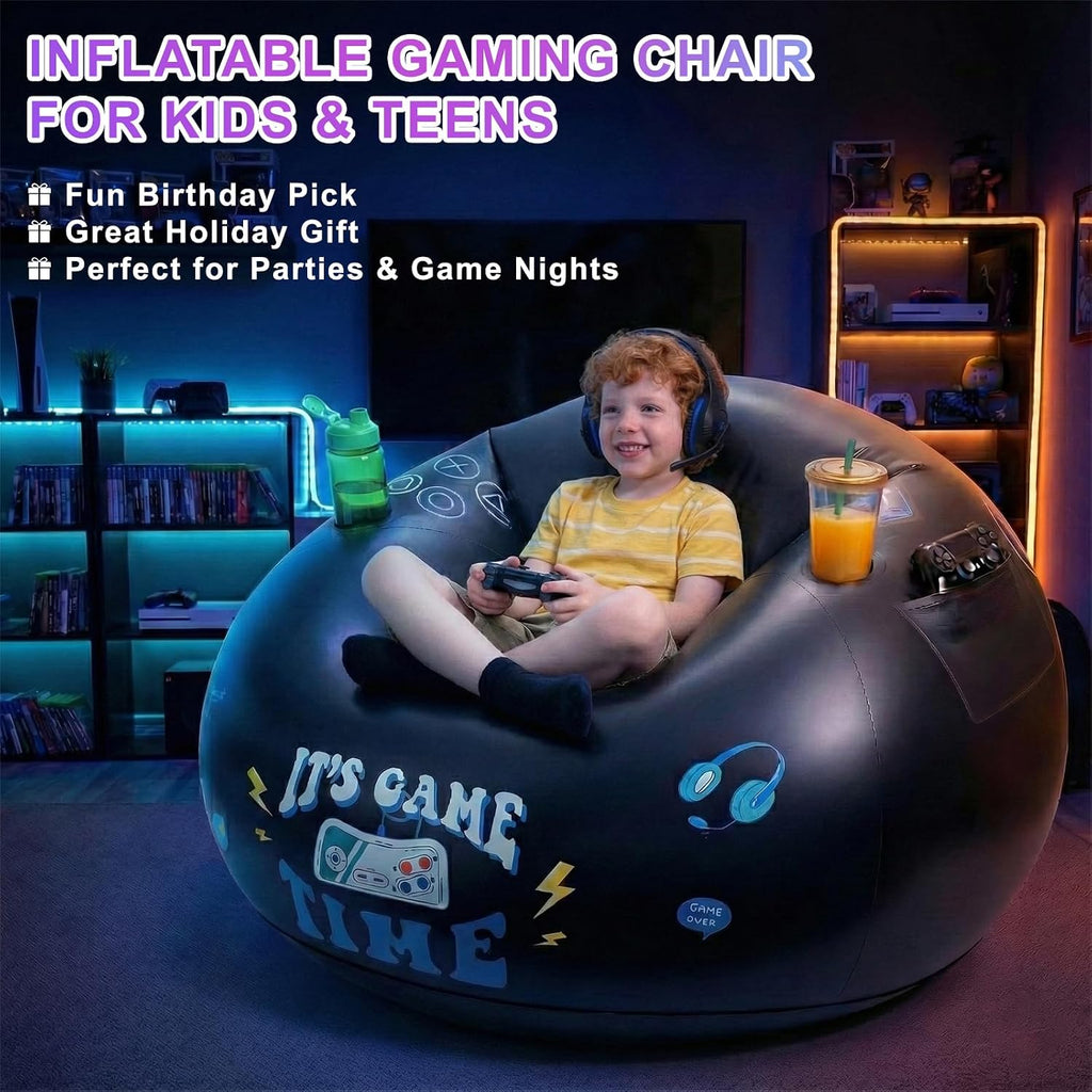 Inflatable Gaming Chair for Kids and Teens with Cup Holders and Side Pocket, Blow Up Bean Bag Gaming Chair for Boys, Comfortable Inflatable Lounge Seat for Gamer Room Decor and Boys Room Furniture