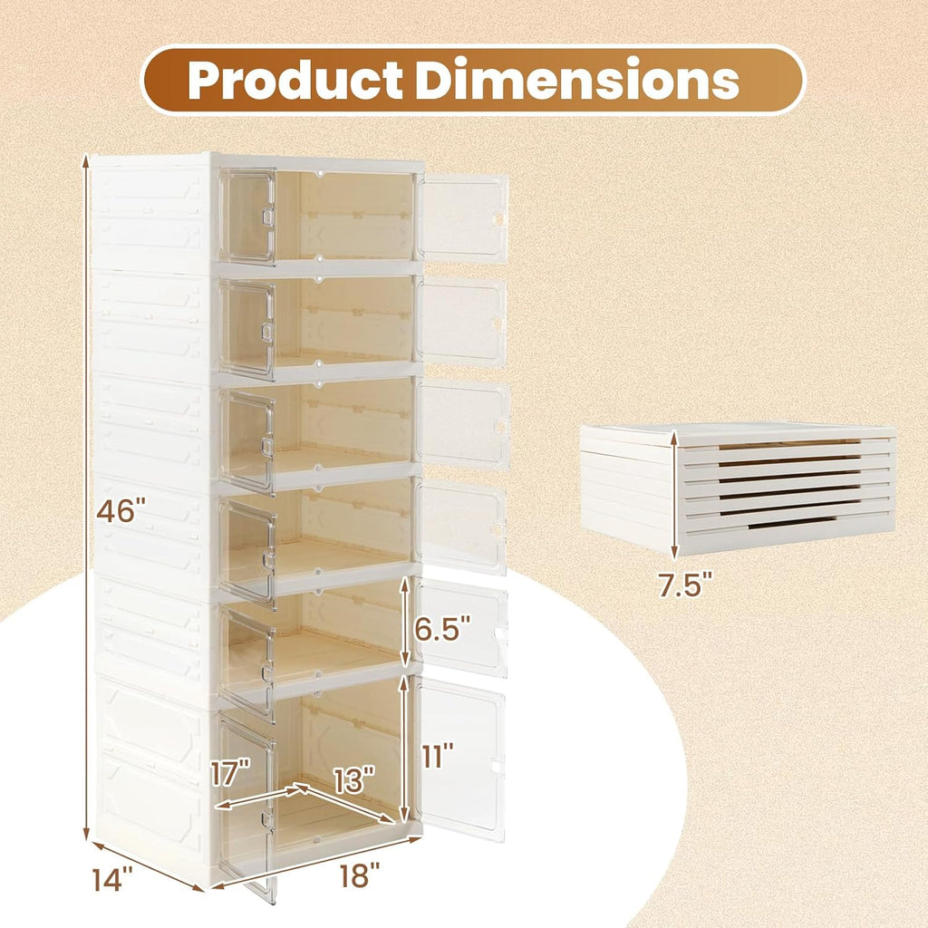 GOFLAME Foldable Shoe Rack Organizer, 6-Tier 12 Pairs Collapsible Shoe Cabinet with Magnetic Clear Doors, Portable Shoe Storage Box, Stackable Shoe Shelf for Closet, Entryway, Easy Assembly