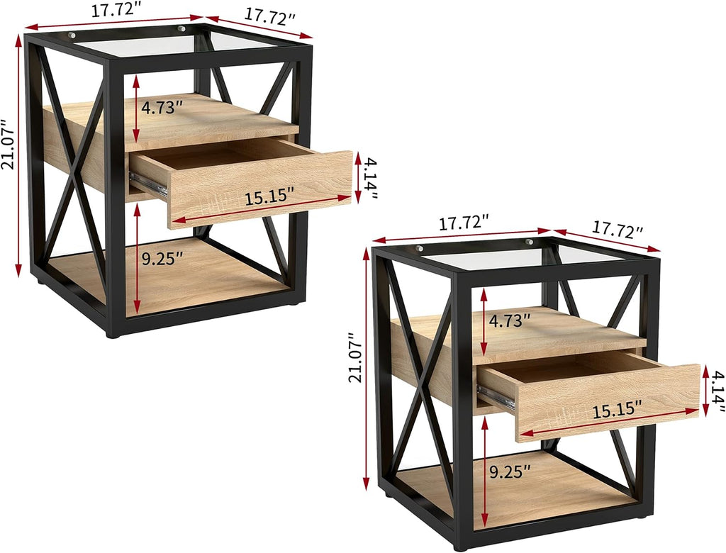 Set of 2 Modern Industrial End Tables with Drawer - Nightstands with Tempered Glass Top, Natural Wood MDF & Black Metal X-Frame Side Tables for Bedroom & Living Room, 3-Tier Storage