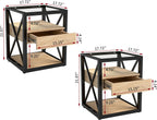 Set of 2 Modern Industrial End Tables with Drawer - Nightstands with Tempered Glass Top, Natural Wood MDF & Black Metal X-Frame Side Tables for Bedroom & Living Room, 3-Tier Storage