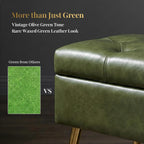 SNOWDROP 40" Upholstered Storage Bench – Vintage Olive Green End of Bed Bench with Gold Metal Legs, Button-Tufted Modern Faux Leather Ottoman Bench for Bedroom, Entryway & Living Room