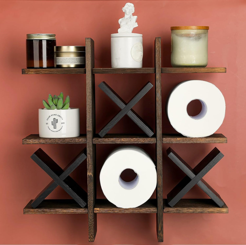 Weysat Tic Tac Toe Toilet Paper Holder Stand Bathroom Wall Decor Rustic Wooden Hanging Storage Freestanding Wall Mounted Shelves Decor for Toilet Tissue Farmhouse