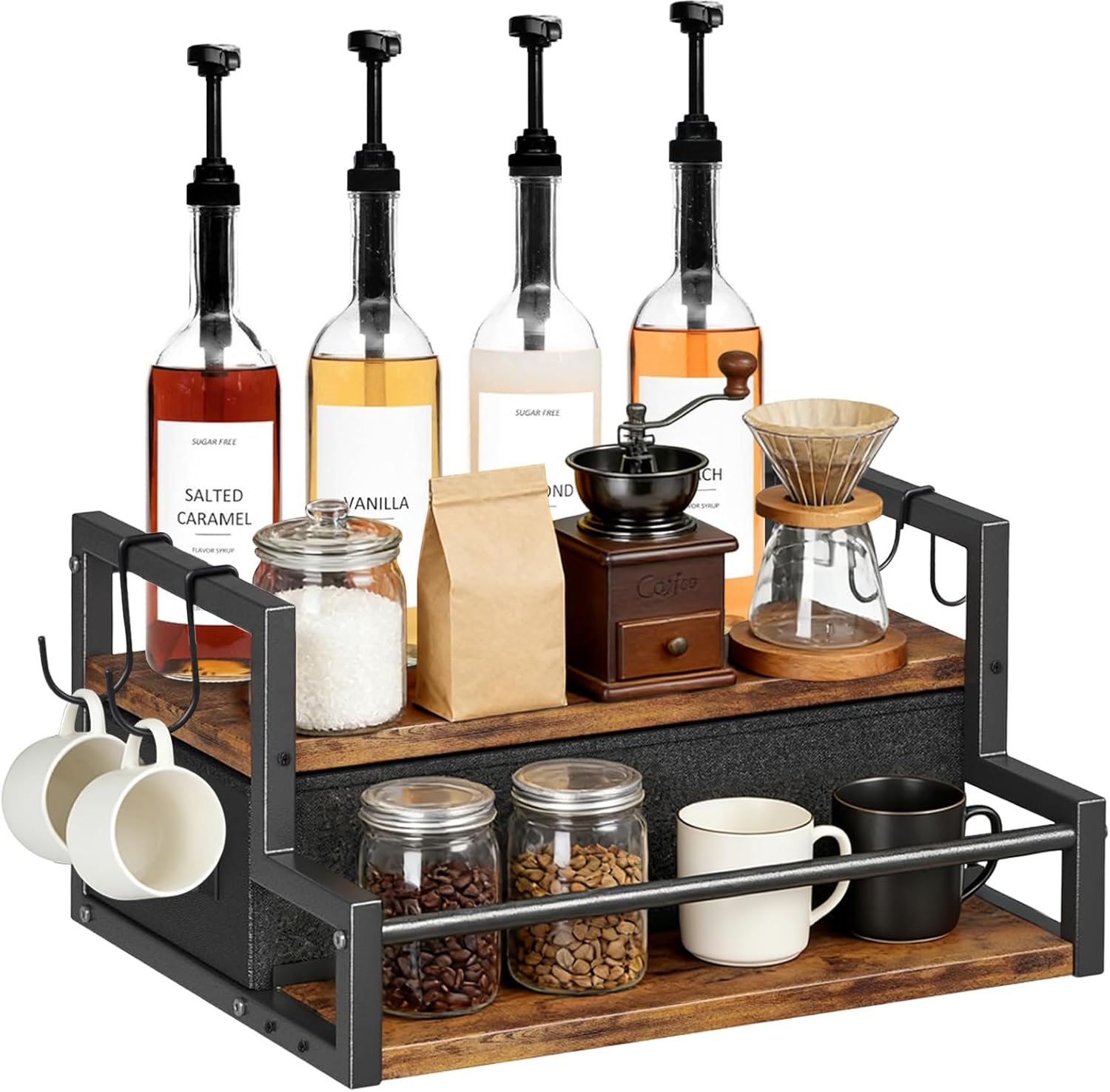 2-Tier Coffee Syrup Organizer Rack, Holds 12 Bottles Syrup Rack with Coffee Capsules Storage Drawer, Kitchen Countertop Organizer for Coffee Bar Station, Home, Wine Rack