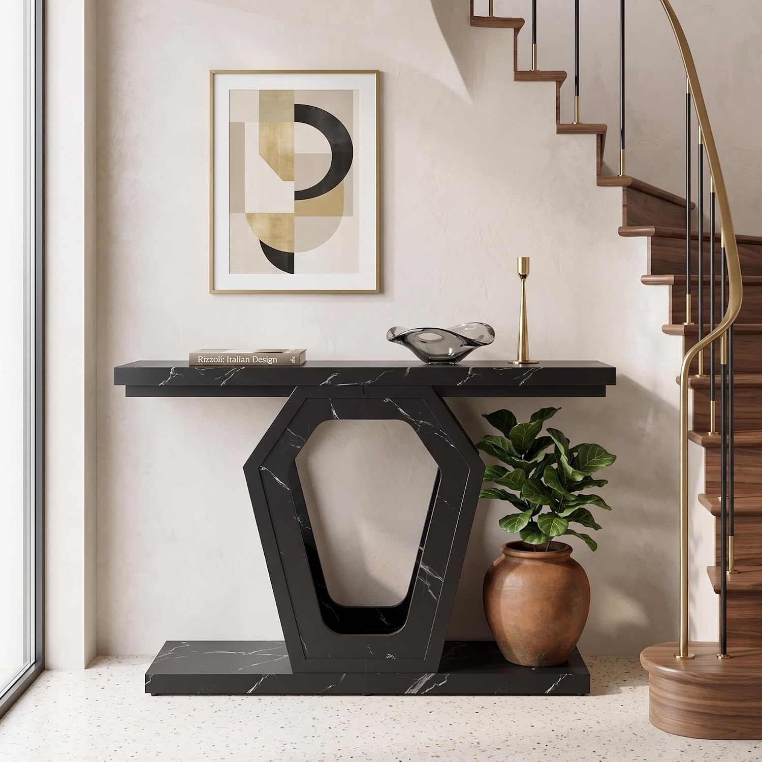 senlin Sofa Table 47.3 Inch Narrow Console Table with Openwork Frame, Industrial Entryway Table for Hallway, Wood and Metal, Adjustable Leg Pads, Easy Assembly (Black Marble Texture)