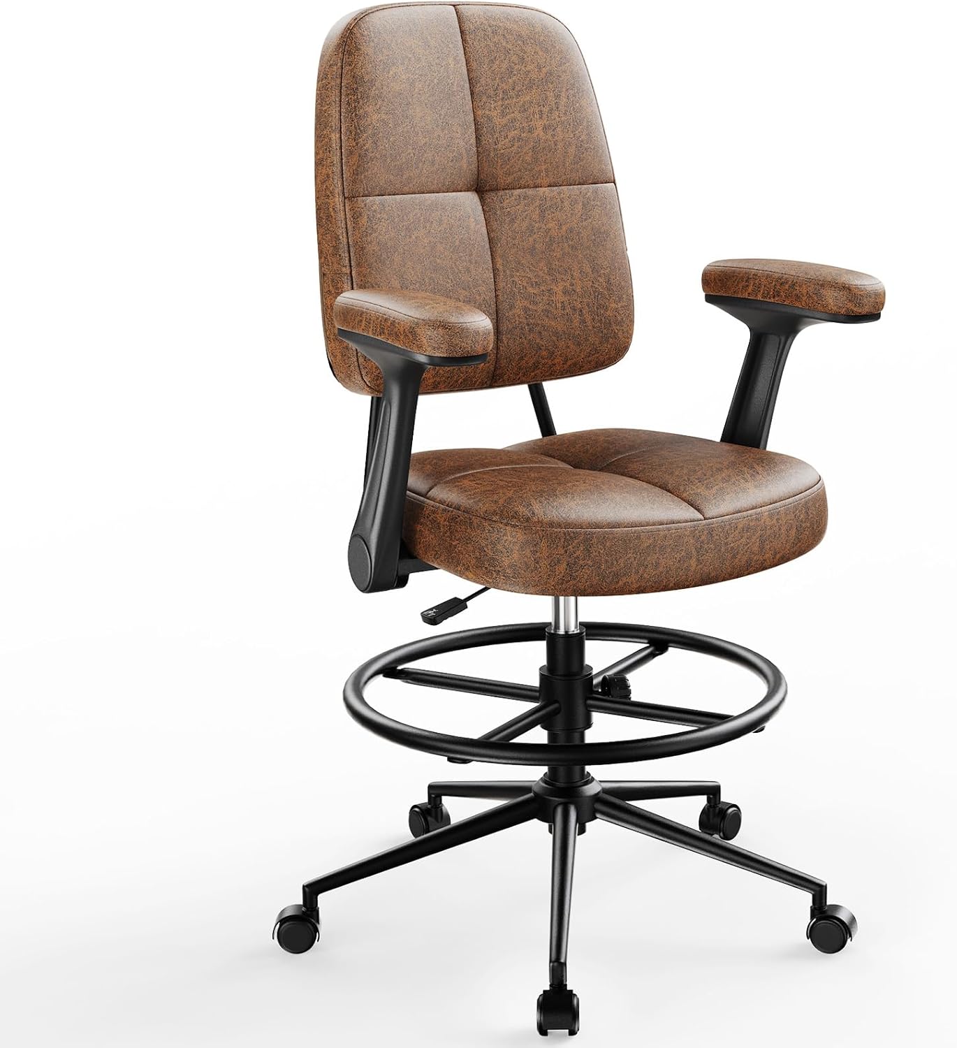 Marsail Ergonomic Drafting Chair for Standing Desk, 330lbs Heavy Duty Tall Office Chair with Adjustable Foot Ring & Flip-Up Arms, Comfort Brown Leather, 3.5" Thick Cushion