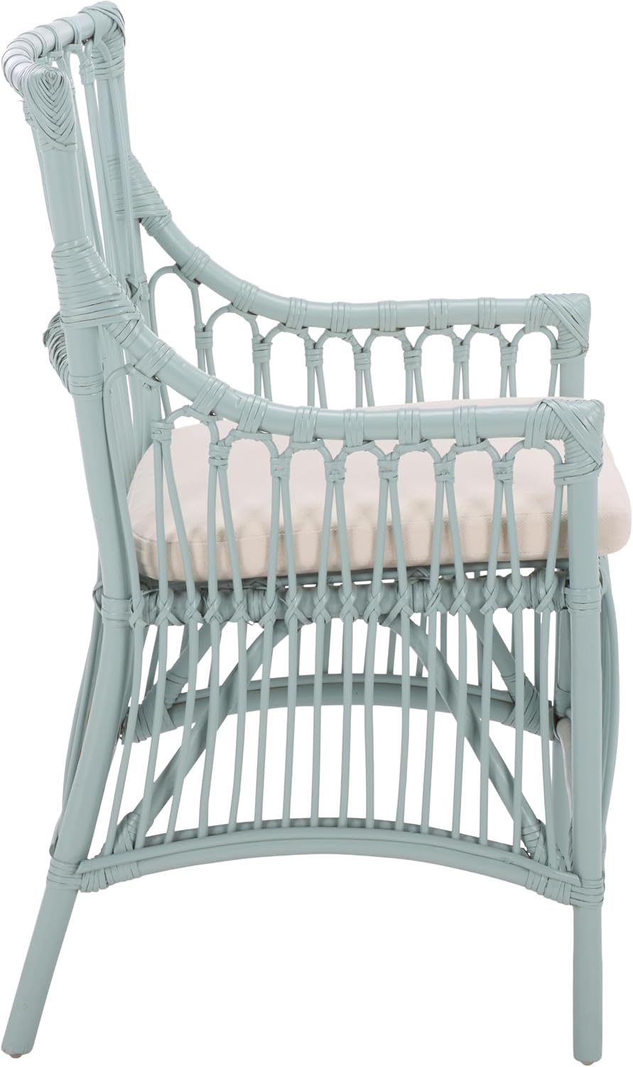 SAFAVIEH Furniture - Zorianna Dining Chair - Light Blue Rattan & White Cushion - Armchair Design - Ideal for Dining Room, Kitchen, 18.5" Seat Height (DCH6505C)