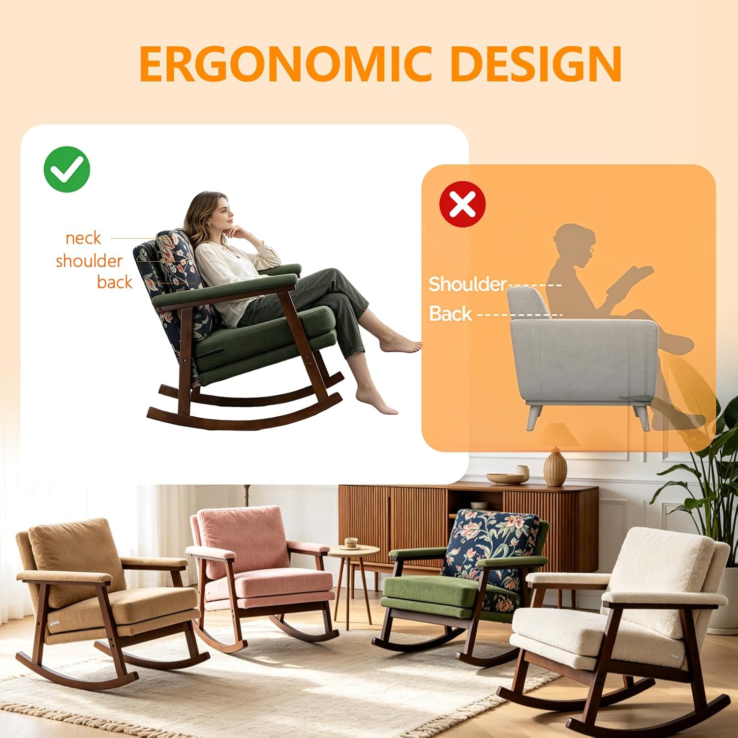 Nursery Rocking Chair with Upholstered Cushion, Wooden Frame Glider Rocker for Nursery, Comfortable Reading Armchair for Living Room, Bedroom & Sunroom (Antique Green)