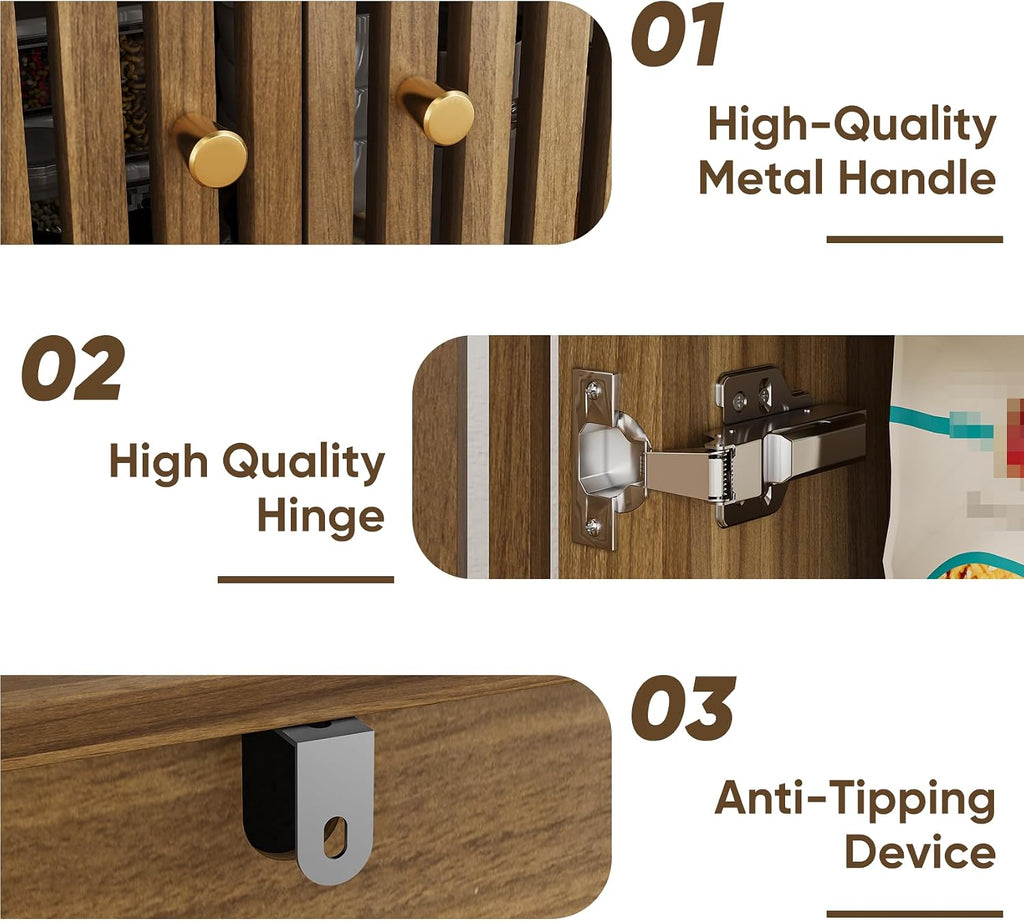 Smuxee Walnut Sideboard Cabinet with Unique Grille Stripe Design, Freestanding Buffet Cabinet with Curved Edge Design, Wood Storage Cabinet for Living Room, Entryway, Hallway