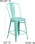 EMMA + OLIVER Commercial Grade 24" H Mint Green Metal Indoor-Outdoor Counter Stool w/Back