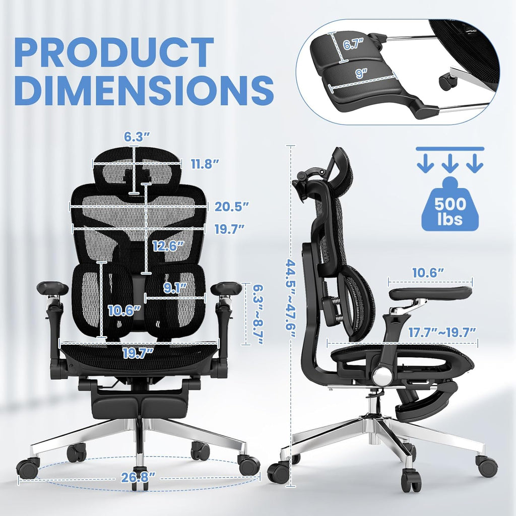 MOJAY Ergonomic Office Chair with Footrest, Big and Tall Desk Chair with Lumbar Support, High Back Home Desk Chair for Long Desk Work, Swivel Rolling Computer Seating with 6D Armrest for Home Office