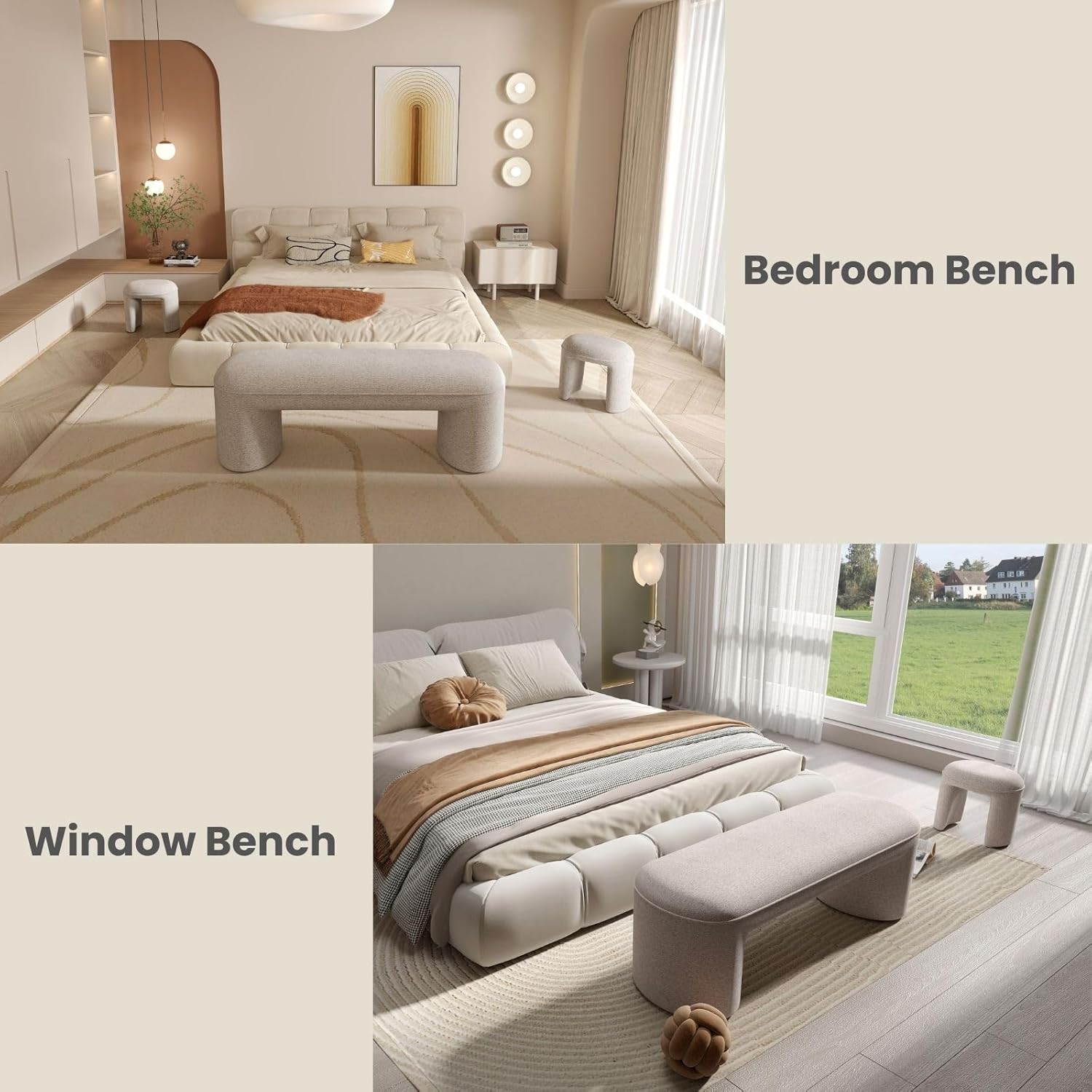 53" Upholstered End of Bed Bench with 2 Nesting Ottoman Stools, Modern Chenille Bedroom Bench for King/Queen Bed, Arched Vanity Entryway Bench Seat for Living Room, Oatmeal