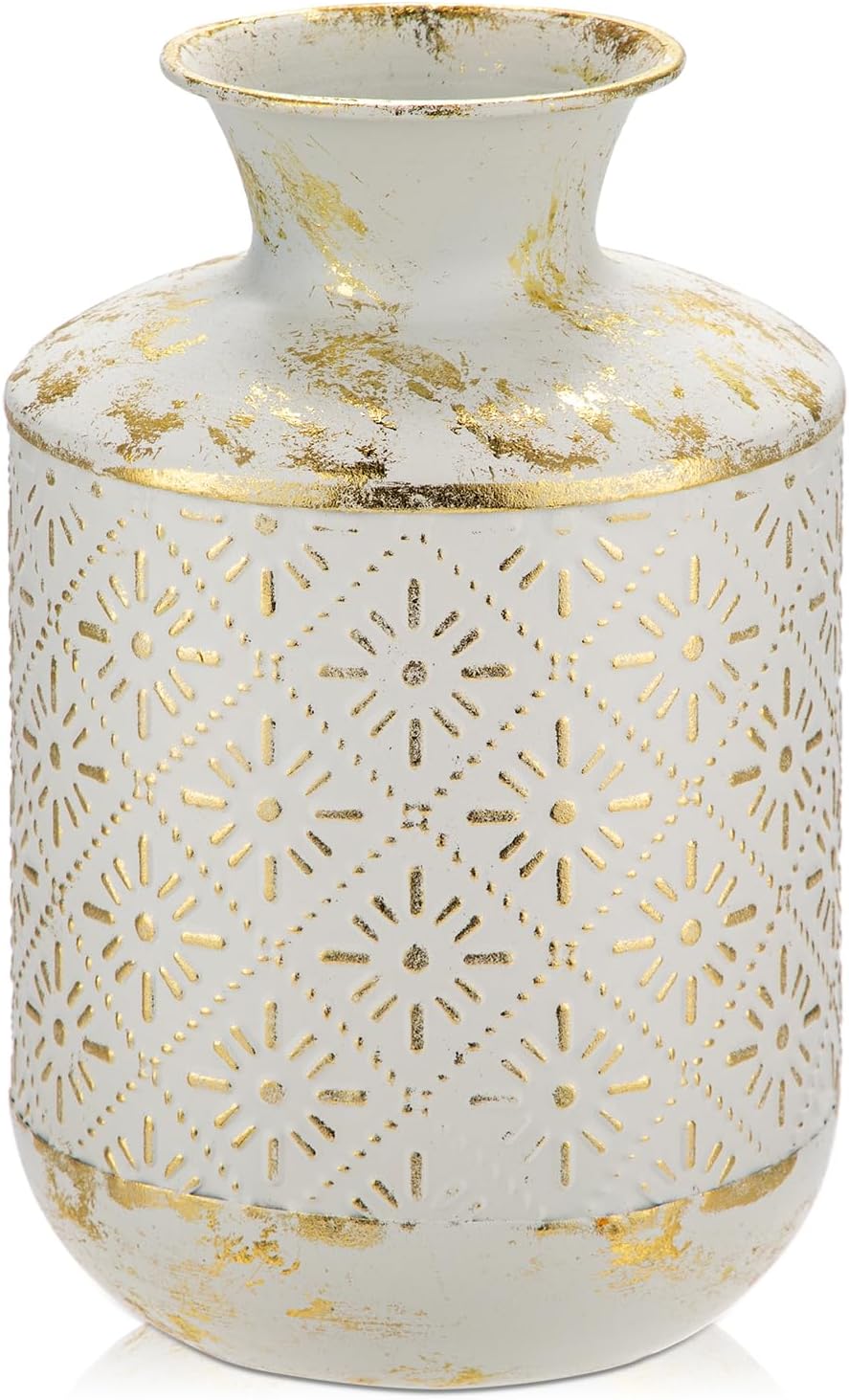 Flower Vase Rustic Metal Vase, 10.2" Vintage White and Gold Distressed Vase for Farmhouse Home Décor Artificial Flowers and Centerpieces